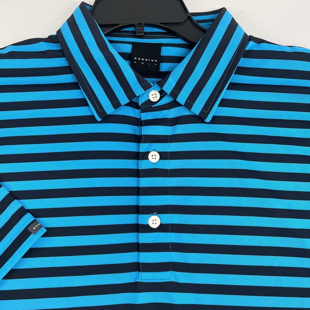 Dunning Golf Polo Shirt Mens Large Blue Striped Short Sleeve Moisture Wicking
